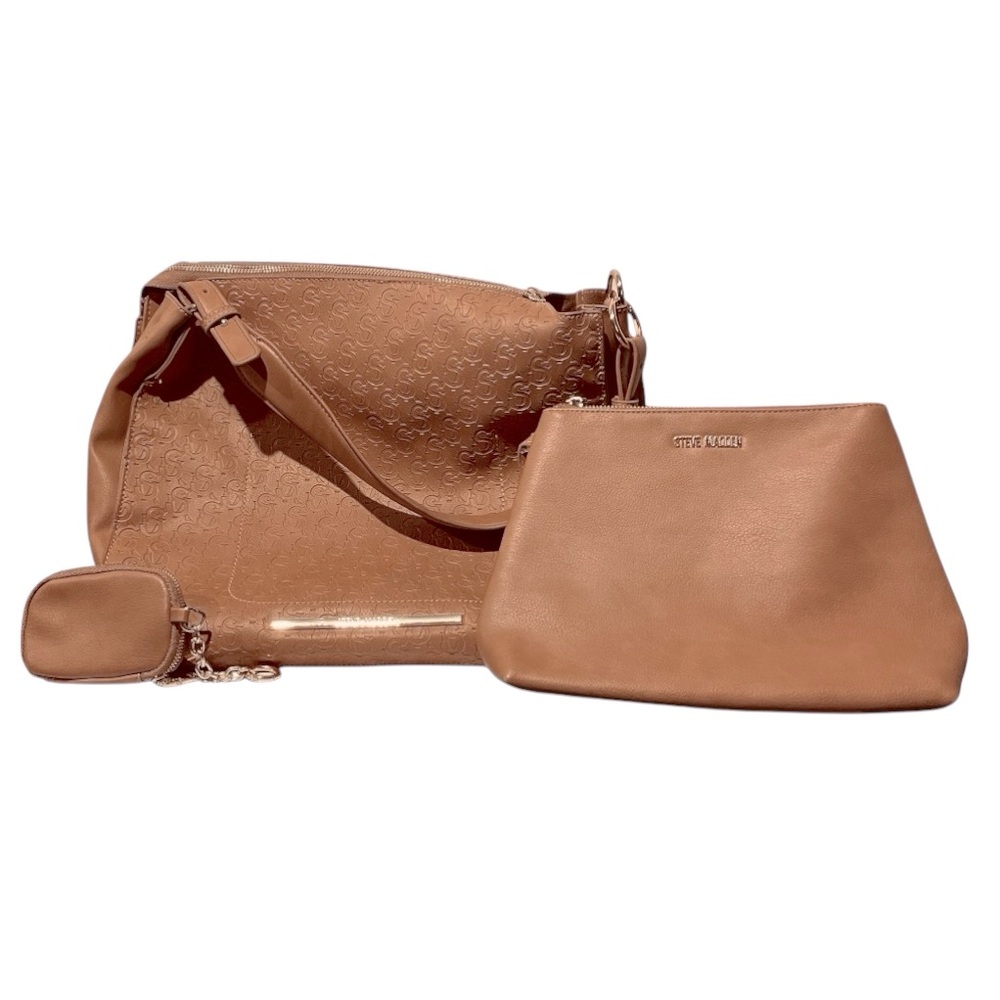Steve Madden Bags x 3: one Light Brown Shoulder Tote, a Pouch & a keychain Bag